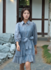 衬衣领前开门襟摆荷叶短款腰带连衣裙 商品缩略图2
