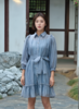 衬衣领前开门襟摆荷叶短款腰带连衣裙 商品缩略图0