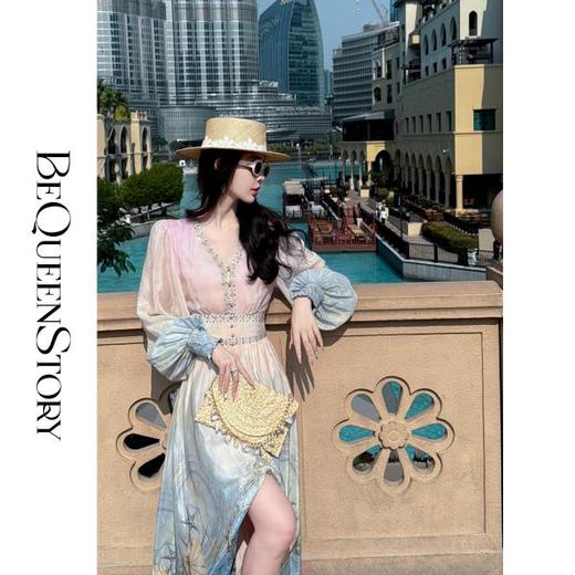 【孤品样衣，不退不换】【希腊海神】2025春装新款古典真丝双绉飘逸渐变V领连衣裙 商品图3