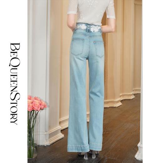 余潇潇【半岛芭蕾】2025早春新款时尚百搭蕾丝腰边直筒蓝色牛仔裤 商品图4