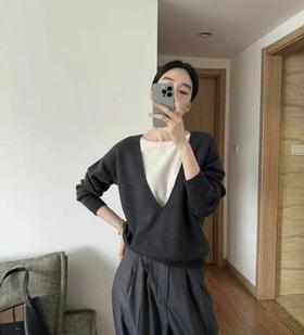 福利款  VI真丝羊毛纱深V假两件针织衫   通勤休闲设计师款