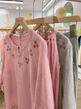 松植屋女士《白喆》圆领七分袖九分裤睡衣套装女款色织双层纱家居服