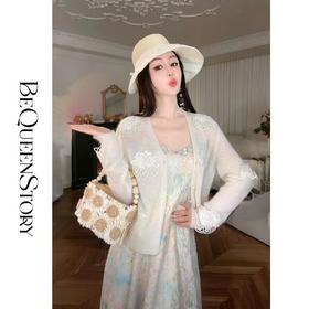 余潇潇【珍珠织梦】2025春装新款立体贴花绵羊毛马海毛混纺v领开衫