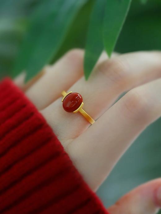 【敦煌朱颜醉南红戒指】s925银戒指 南红玛瑙 时尚女士饰品镀金椭圆蛋面配饰手饰 商品图5