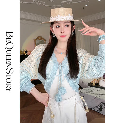 余潇潇【奶油浪花】百搭绑带短款镂空设计V领针织开衫2025春季新款 商品图4