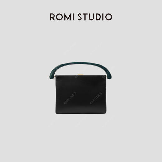 ROMI STUDIO“复古优雅”100%牛皮复古黑金顶部手柄手提包 24SSB217 商品图0