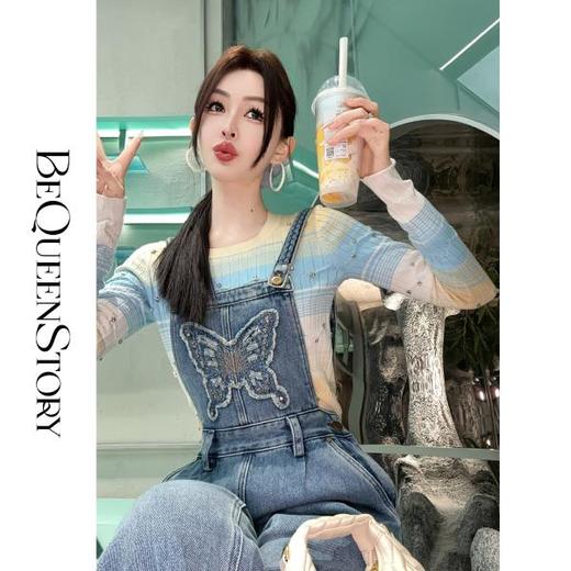 余潇潇【蓝调蝶影】2025早春新品蝴蝶贴布绣休闲直筒牛仔背带裤 商品图4