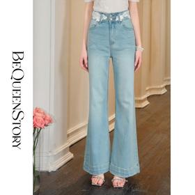 余潇潇【半岛芭蕾】2025早春新款时尚百搭蕾丝腰边直筒蓝色牛仔裤