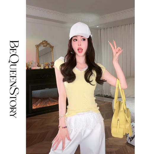 余潇潇【寻梦甜心】2025春装新款设计感针织凉爽纱线蕾丝帽子短袖 商品图2