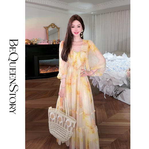 余潇潇【向阳花神】100桑蚕丝精致烫钻大裙摆欧若风连衣裙2025春装 商品图2