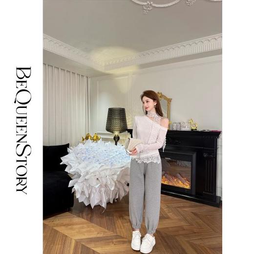 余潇潇【月光诗集】2025春装新款气质斜肩下摆拼接蕾丝边T恤配飘带 商品图4