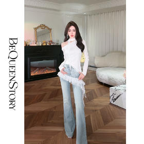 余潇潇【心动际遇】2025春装新款设计感腰头拼接精美蕾丝牛仔喇叭裤