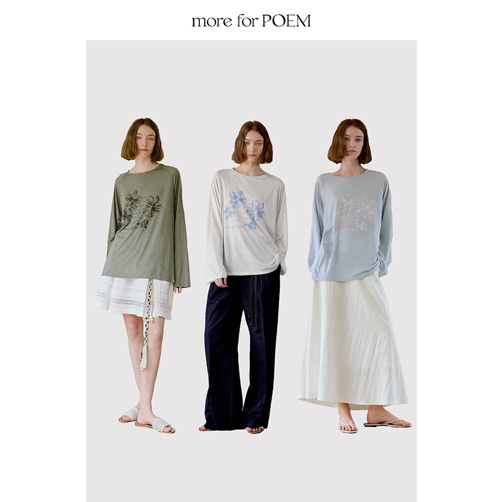 moreforPOEM 25/SS原创设计春夏薄款花朵印花宽松长袖T恤罩衫
