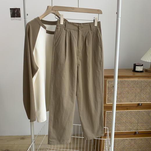 简约日系风全棉工装裤女秋季松紧高腰显瘦百搭宽松休闲九分萝卜裤 商品图6