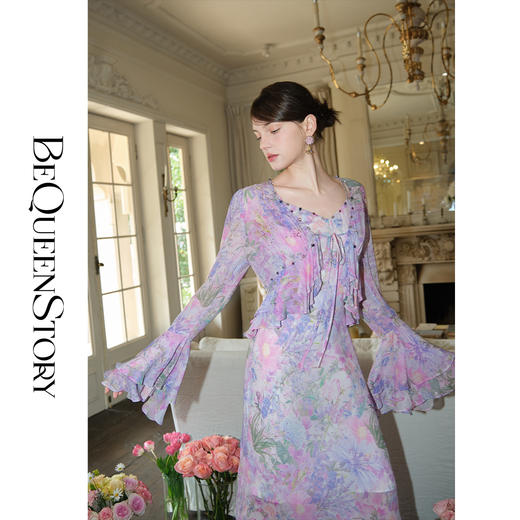 余潇潇【多瑙河花海】2025春装新款气质轻奢时尚气质人丝连衣裙套装 商品图0