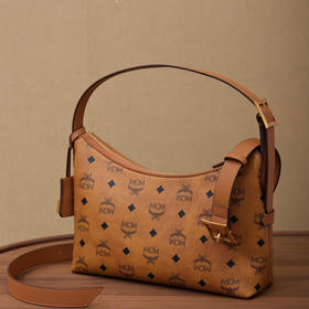MCM Aren Visetos 老花满印金锁吊坠 潮流Hobo 人造革 腋下包 手提单肩包 小号 女款 棕色干邑色（CB）