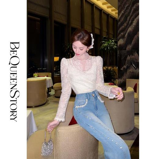 韩韩IU【珍珠涟漪】2025春装新款时尚百搭修身显瘦微喇蓝色牛仔裤 商品图4