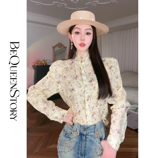 余潇潇【春野时光】2025春装新款纯亚麻印花法式宽松木耳边立领小衫 商品图0