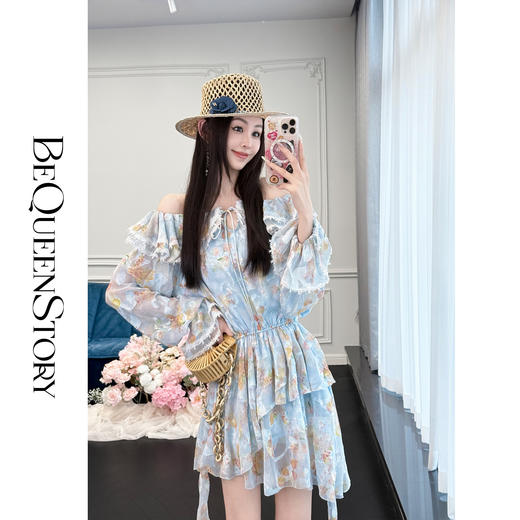 余潇潇【鸢尾奇境】经典百搭荷叶边一字肩收腰连衣裙2025春季新款 商品图0