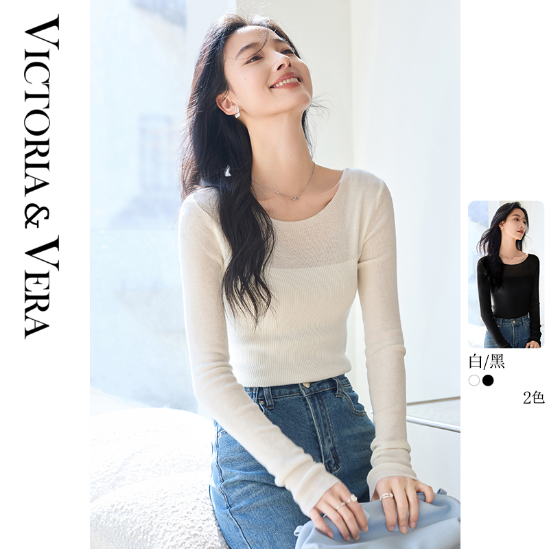 VICTORIA&VERA女装春季“内搭伴侣”简约气质肩部半透小性感修身针织衫