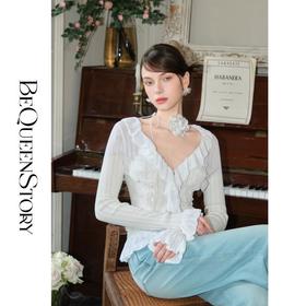 余潇潇【清迈雨季】2025春装新款气质时尚百搭法式木耳边蕾丝针织衫