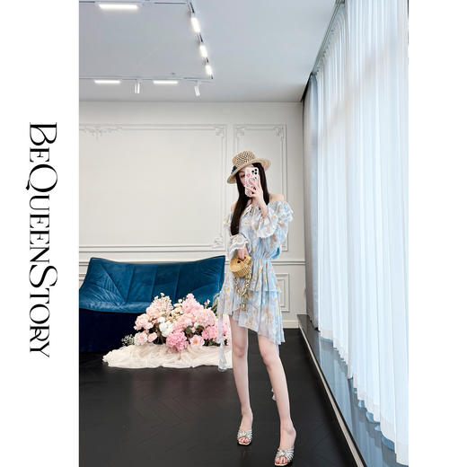 余潇潇【鸢尾奇境】经典百搭荷叶边一字肩收腰连衣裙2025春季新款 商品图4