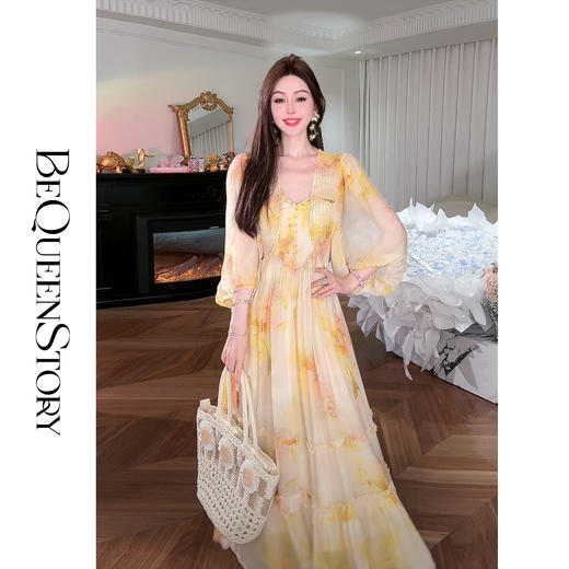 余潇潇【向阳花神】100桑蚕丝精致烫钻大裙摆欧若风连衣裙2025春装 商品图3