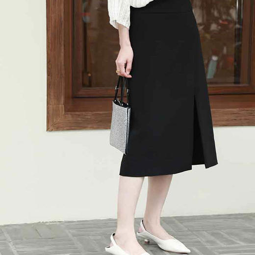顺丰包邮洛诗琳13519春夏新款气质开衩A字通勤半身裙女0703 商品图0