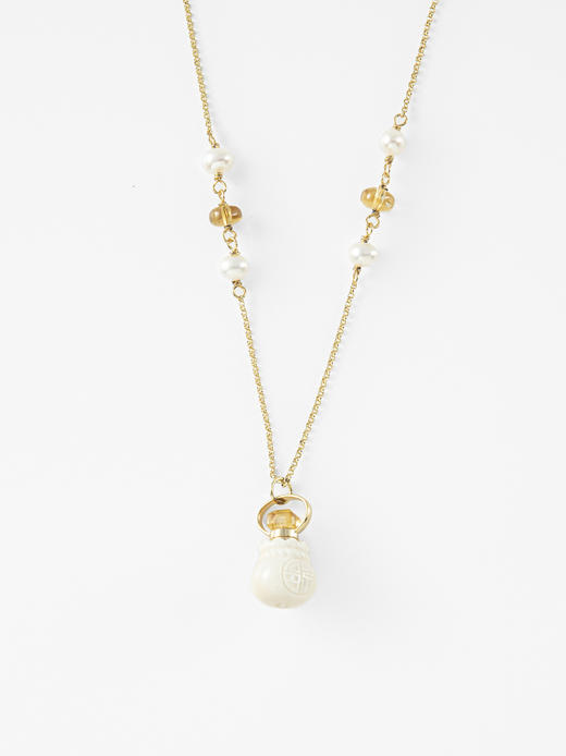 下架|MELI&MOLI |猛犸象牙精雕刻圆福袋 黄水晶珍珠点缀项链—五行之金 商品图0