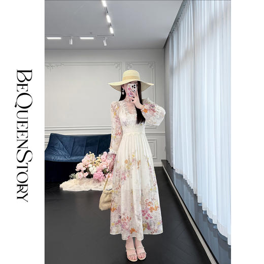 余潇潇【朝花夕拾】轻奢印花真丝V领连衣裙时尚百搭2025春装新款 商品图2