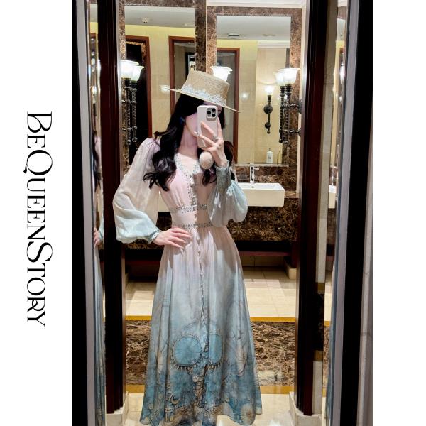 【孤品样衣，不退不换】【希腊海神】2025春装新款古典真丝双绉飘逸渐变V领连衣裙