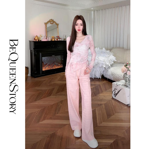 余潇潇【甜蜜宠儿】100棉波纹手工烫钻抽绳直筒牛仔裤2025春装新款 商品图4