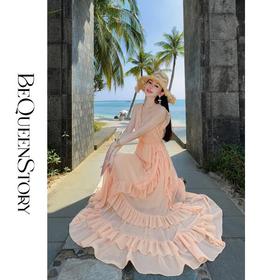 余潇潇【一见倾心】2025春装新款欧若风层次感荷叶边仙女大摆连衣裙