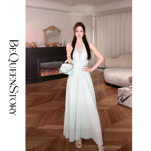 余潇潇【海上风琴】2025春装新款欧若风轻奢精致压褶无袖翻领连衣 商品图4