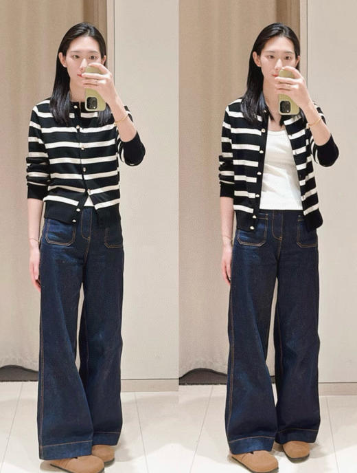 924-3 渠道圆正 亏清 小禾 进口杨子纱 绵羊毛针织 复古贵气小金扣 黑白条纹开衫 商品图2