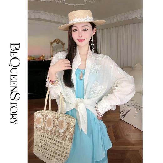 余潇潇【月光恋人】2025春装新款轻奢百搭立体蕾丝花装饰苎麻衬衫 商品图3