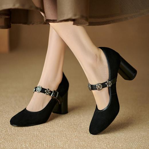 【预售5天】真皮棕色玛丽珍鞋复古金属花朵一字扣带高跟鞋四季法式绝美单鞋女MNLS&D2480 商品图1