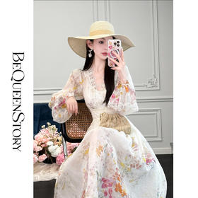 余潇潇【朝花夕拾】轻奢印花真丝V领连衣裙时尚百搭2025春装新款