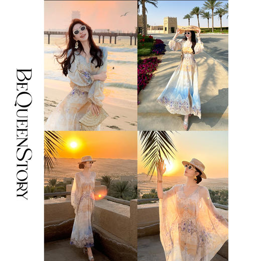 余潇潇【爱神降临】2025春装新款12姆米真丝双绉飘逸V领印花连衣裙 商品图0