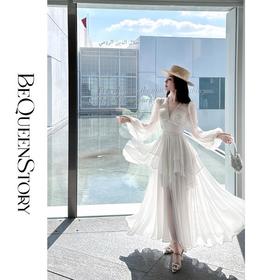 余潇潇【海上卢浮宫】2025春装新款仙气飘逸乔其纱欧若风长袖连衣裙