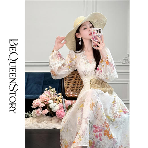 余潇潇【朝花夕拾】轻奢印花真丝V领连衣裙时尚百搭2025春装新款 商品图4