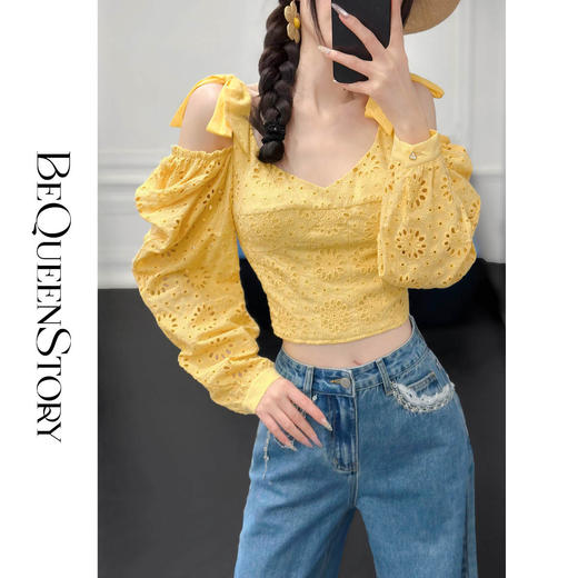余潇潇【傲娇水仙】2025春装新款100棉镂空太阳花刺绣蝴蝶结上衣 商品图4