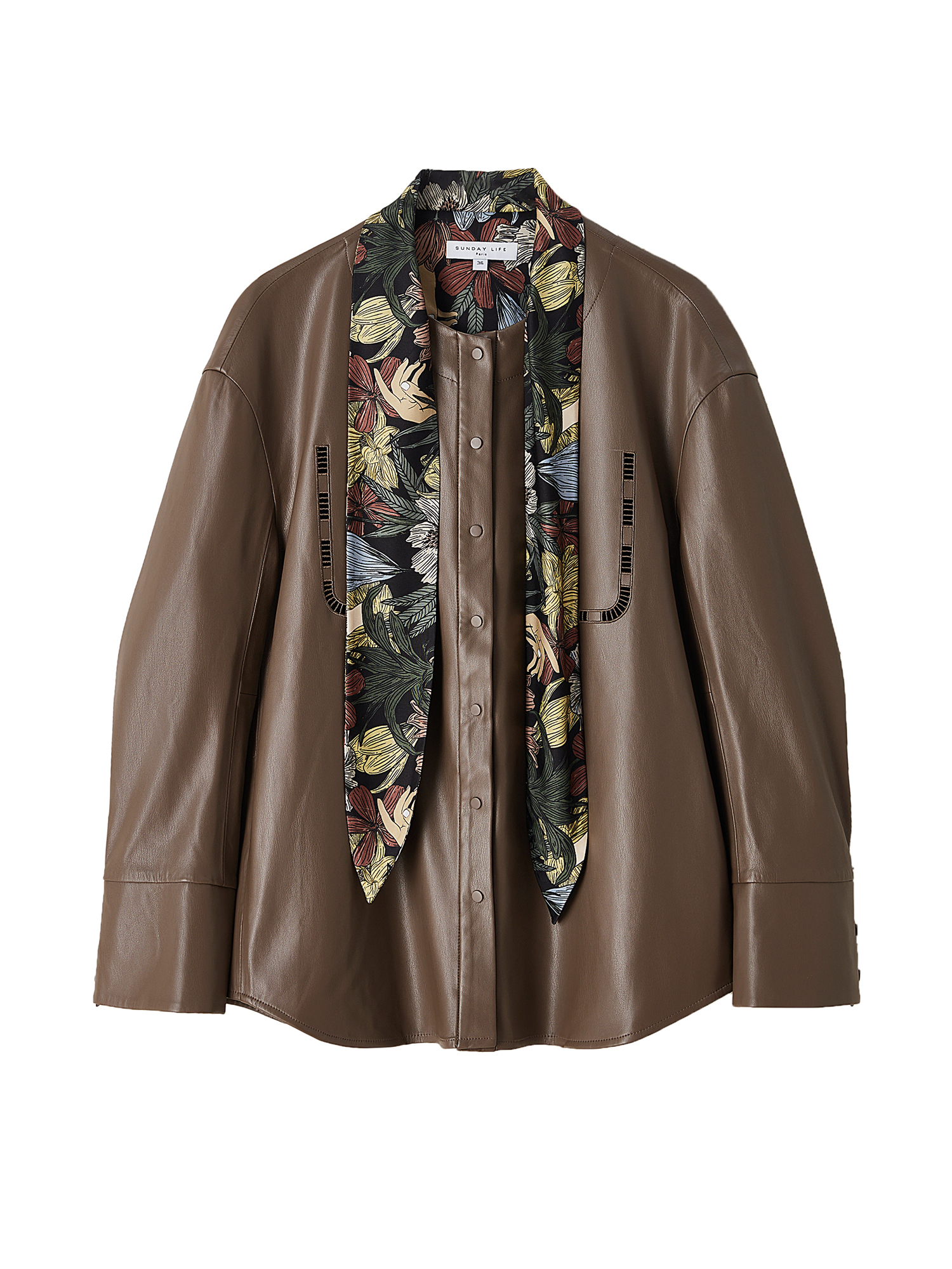 手语花飘带环保素皮外套