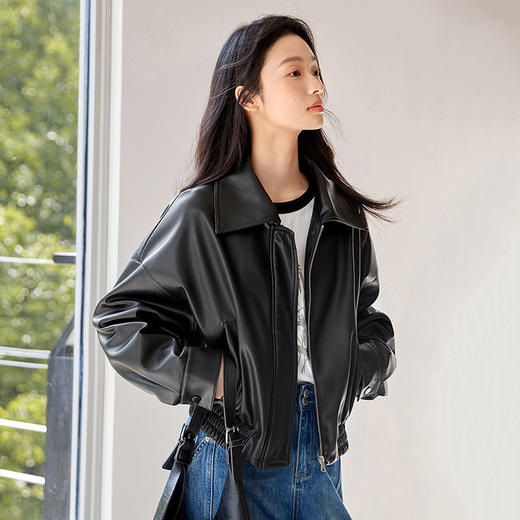 IC 秋冬新款黑色复古皮衣外套女款设计高级通勤街头气质上衣 商品图2