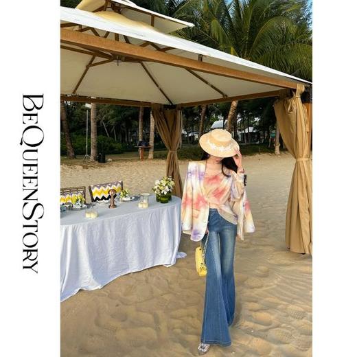 余潇潇【线条魔法】2025春装新款轻奢复古蓝高腰显腿长百搭喇叭裤 商品图2