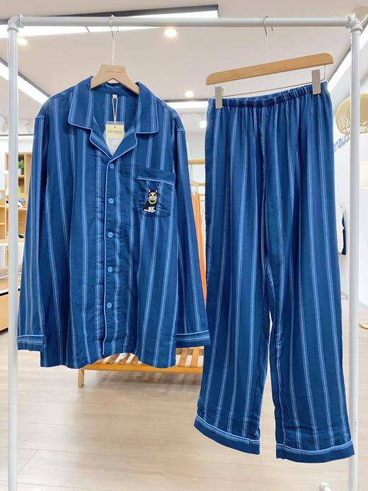 松植屋男款不负韶华竖条纹纱布睡衣套装100%纯棉面料全棉家居服 商品图8