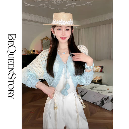 余潇潇【奶油浪花】百搭绑带短款镂空设计V领针织开衫2025春季新款 商品图2