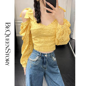 余潇潇【傲娇水仙】2025春装新款100棉镂空太阳花刺绣蝴蝶结上衣