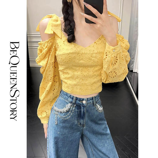 余潇潇【傲娇水仙】2025春装新款100棉镂空太阳花刺绣蝴蝶结上衣 商品图0