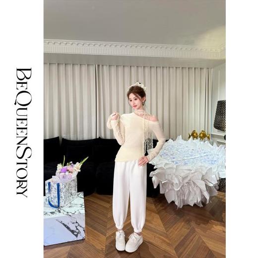 余潇潇【慵懒蕾丝】2025春装新款设计感腰头拼接蕾丝边束脚裤 商品图2